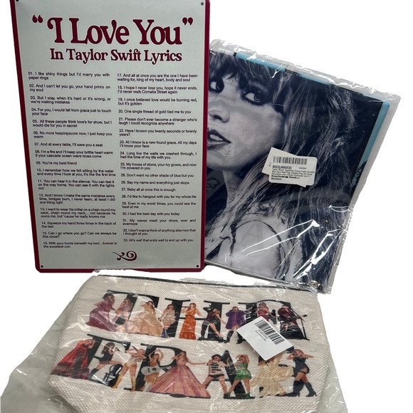 Taylor Swift Fan Bundle Including Wall Tapestry, Lyric Metal Sign And Makeup Bag - Picture 1 of 9